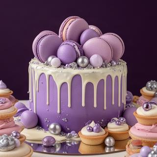 Tarta drip violeta con macarons y tartaletas brillantes sobre una mesa de fotografía