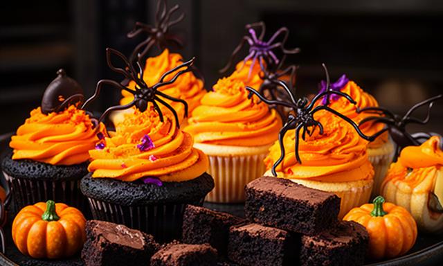 Cupcakes terroríficos de Halloween con crema naranja y decoraciones de chocolate en un obrador de Murcia