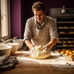 Panadero amasando masa de brioche en una mesa de trabajo del obrador