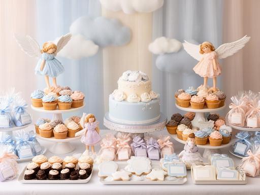 Mesa dulce de bautizo en Murcia con ángeles, tonos pastel y detalles para invitados