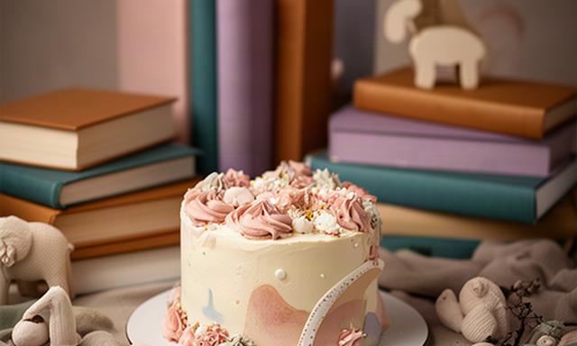 Smash cake inspirada en un cuento infantil junto a libros y decoración de sesión fotográfica