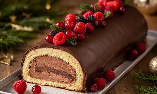 Tronco de Navidad artesanal con chocolate y frutos rojos presentado en una pastelería de Murcia